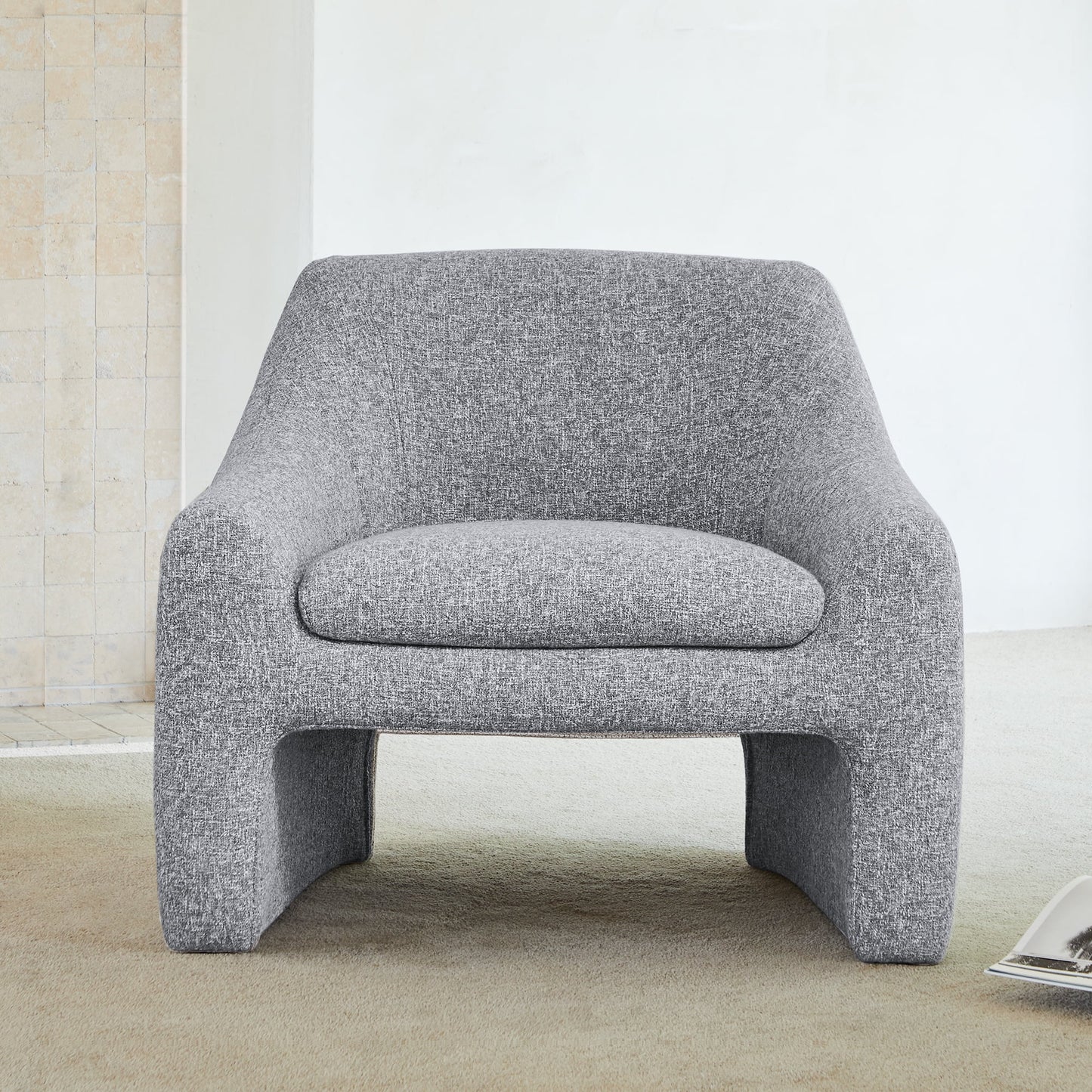 Modern Curved Accent Chair, Upholstered Fabric Armchair, Gray