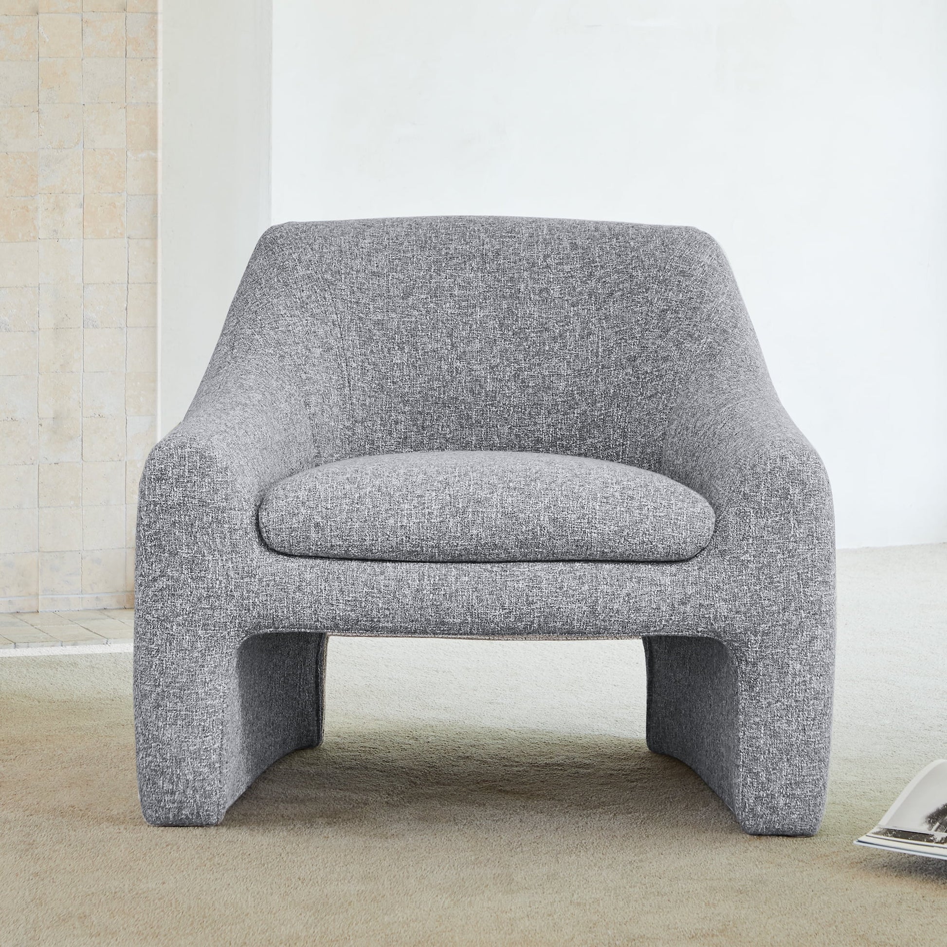 Modern Curved Accent Chair, Upholstered Fabric Armchair, Gray