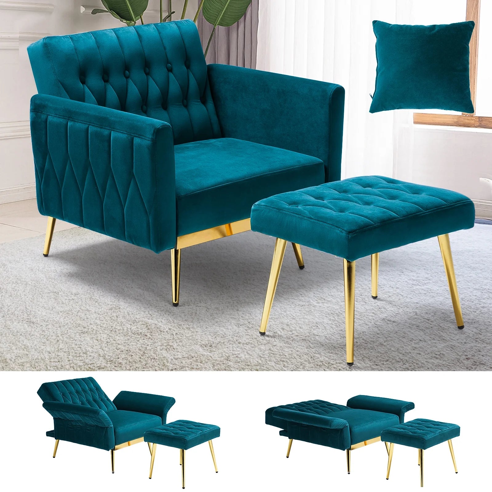 Velvet Accent Chair with Adjustable Armrests and Backrest,Single Recliner Armchair with Ottoman, Teal