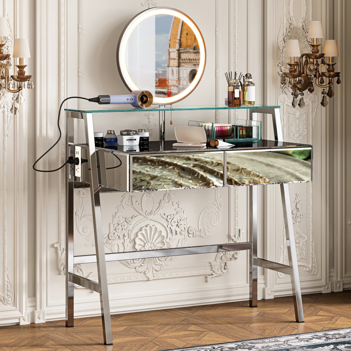 33.9' Mirrored Makeup Vanity Desk with Mirror and Lights, Mirrored Console Vanity Table with 2 Big Drawers & Open Shelf, Dressing Table with Charging Station for Bedroom, Silver