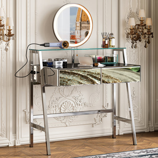 33.9' Mirrored Makeup Vanity Desk with Mirror and Lights, Mirrored Console Vanity Table with 2 Big Drawers & Open Shelf, Dressing Table with Charging Station for Bedroom, Silver