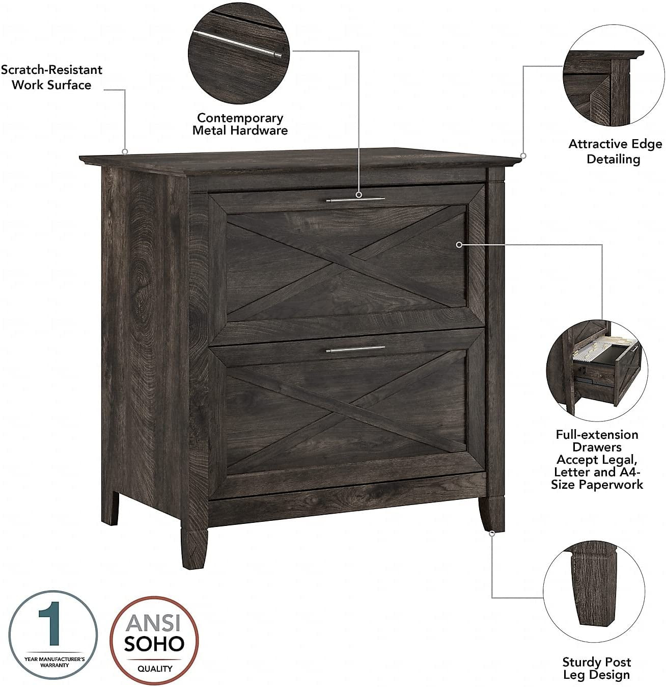 Key West L-Shaped Desk with Mobile File Cabinet for Home Office Workspace