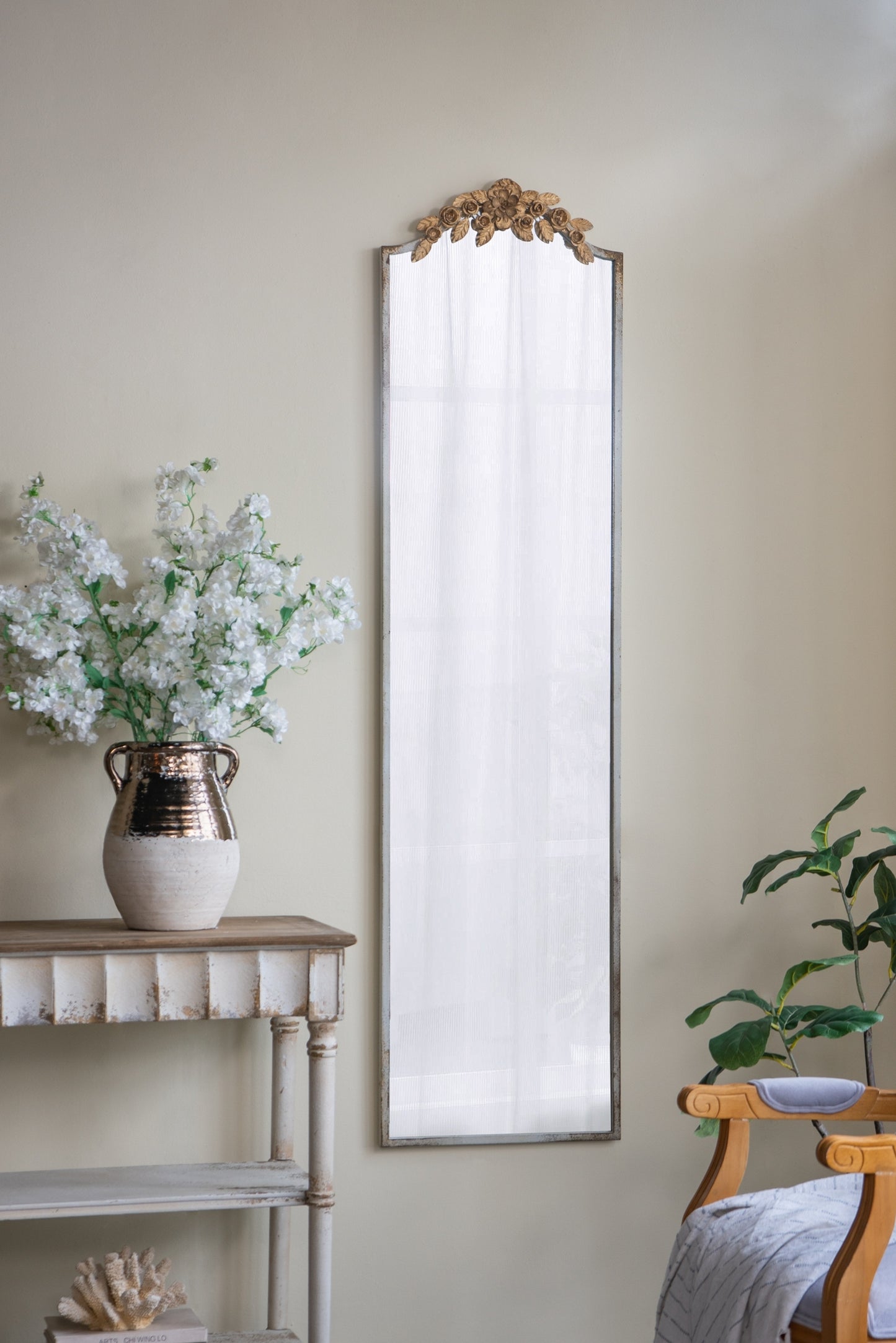 18.1x1.6x70.9' Large Rectangular Full-Length Mirror with Distressed Ivory Frame and Gold Floral Crown