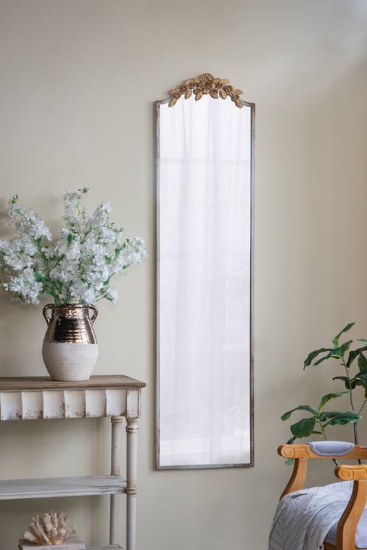 18.1x1.6x70.9' Large Rectangular Full-Length Mirror with Distressed Ivory Frame and Gold Floral Crown