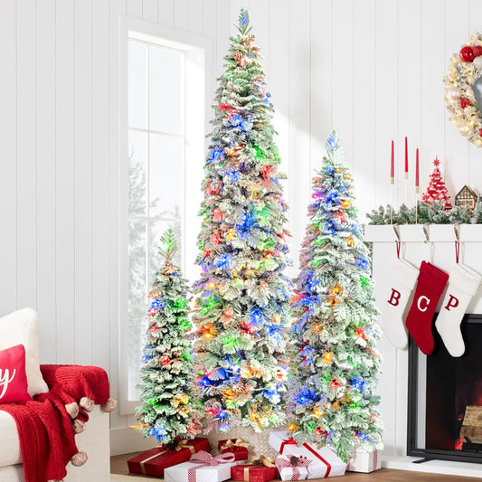 8FT, 6FT, 4FT Pre-Lit Pencil Christmas Trees, Set of 3 Flocked Fir
