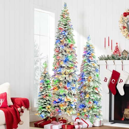 8FT, 6FT, 4FT Pre-Lit Pencil Christmas Trees, Set of 3 Flocked Fir