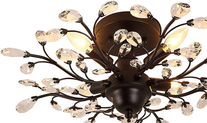Seol-Light Vintage Crystal Branch Close to Ceiling Light Fixture Black Chandelier Flush Mount with 4 Light 160W 24.5" Dia;
