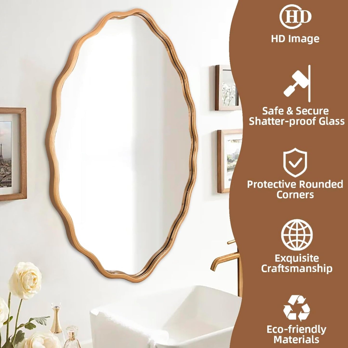 Large Modern Brushed Gold Oval Ripple Bathroom Mirror - Wall Mounted,