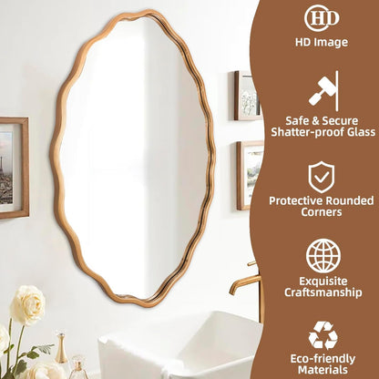 Large Modern Brushed Gold Oval Ripple Bathroom Mirror - Wall Mounted,