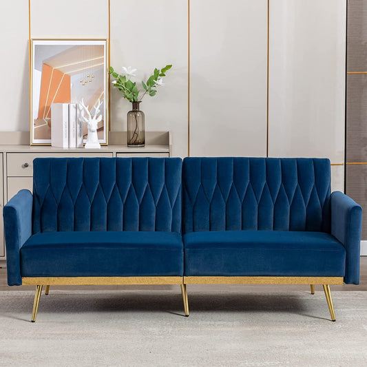 Blue Velvet Convertible Sofa Bed with Metal Legs