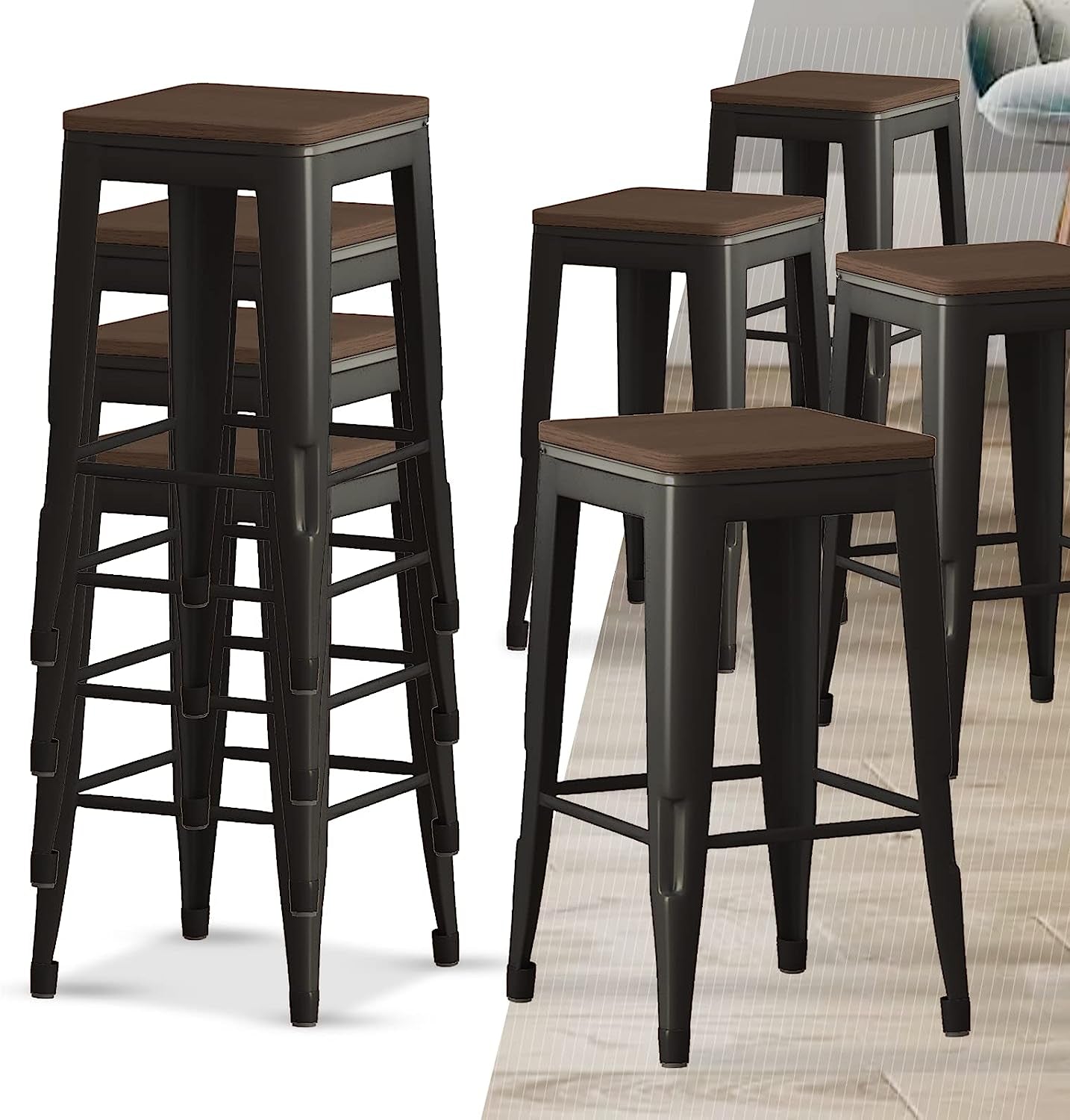 Square Metal Bar Stool Stackable Set of 2