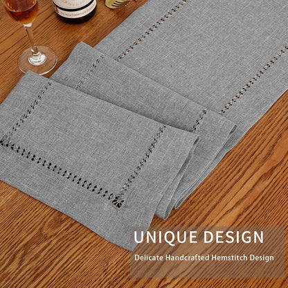 Tosewever Decorative Hemstitch Linen Table Runner Farmhouse Style Tabletop Collection Handcrafted Table Runners for Everyday Dining Wedding Party Holiday Home Decor (14 X 72 Inches, Grey)