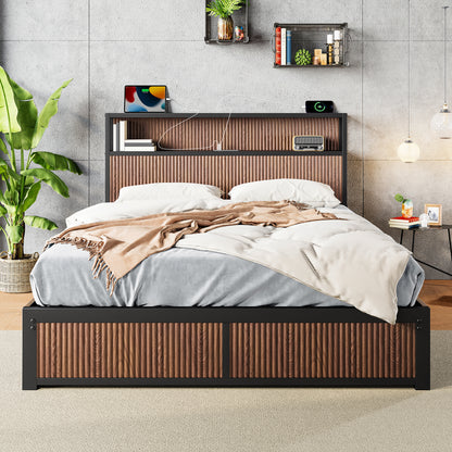 Large raised-pattern storage bed frame, wooden platform bed frame with multiple drawer storage function, bedside socket, brown wood (Queen)