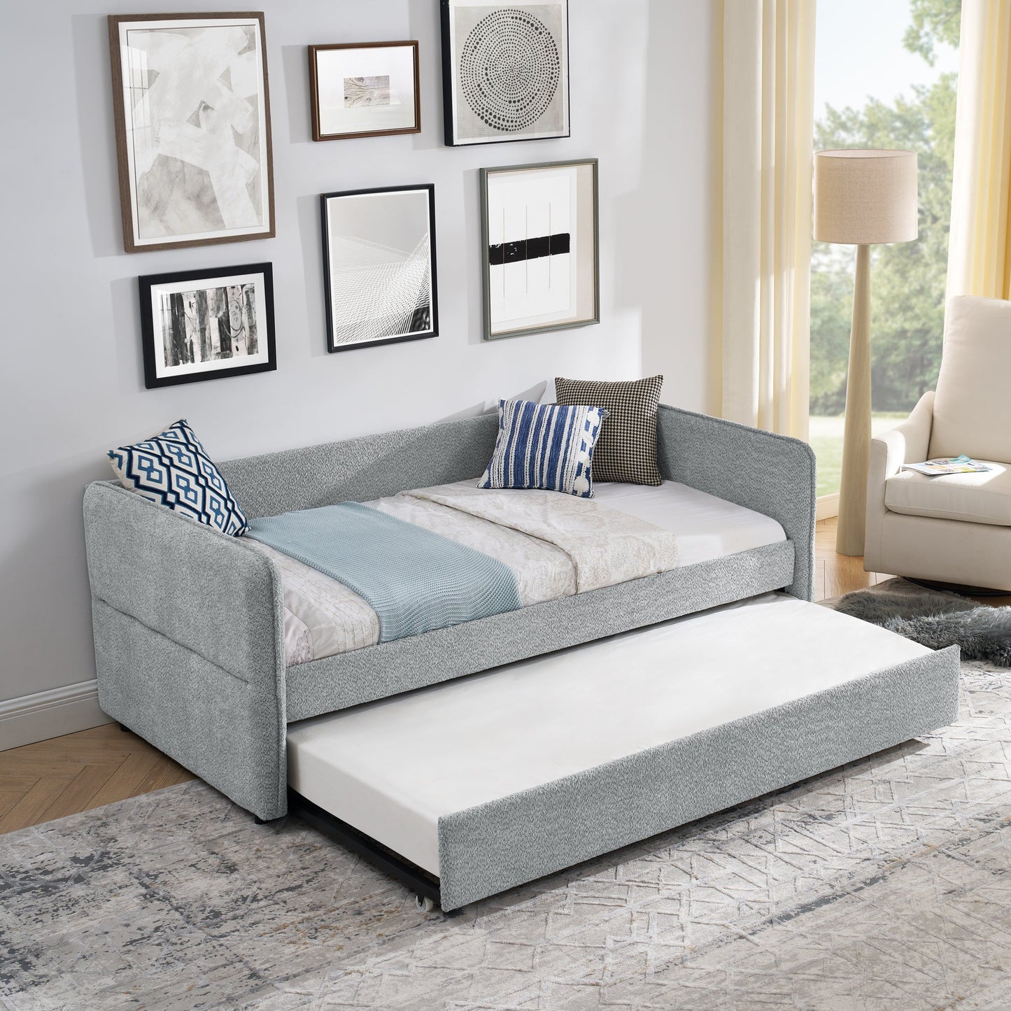 Upholstered Tufted Daybed Sofa Bed with Trundle and Convertible Design