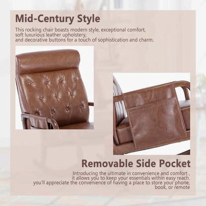 Nursery Rocking Chair Mid-Century Modern Chair with Ottoman Leather Arm Chair High Back with Side Pocket Comfy Glider Rocker Chair for Living Room Baby Room Bedroom (Brown PU Leather)