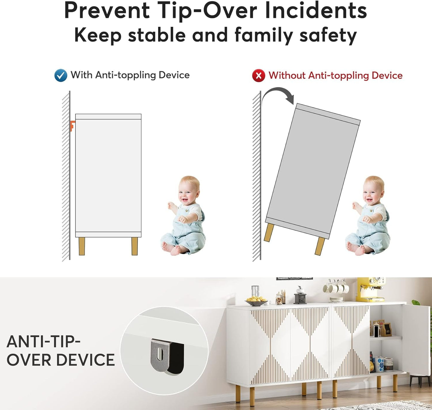 White Sideboard Buffet Cabinet, Modern Storage Cabinet with 4 Doors,