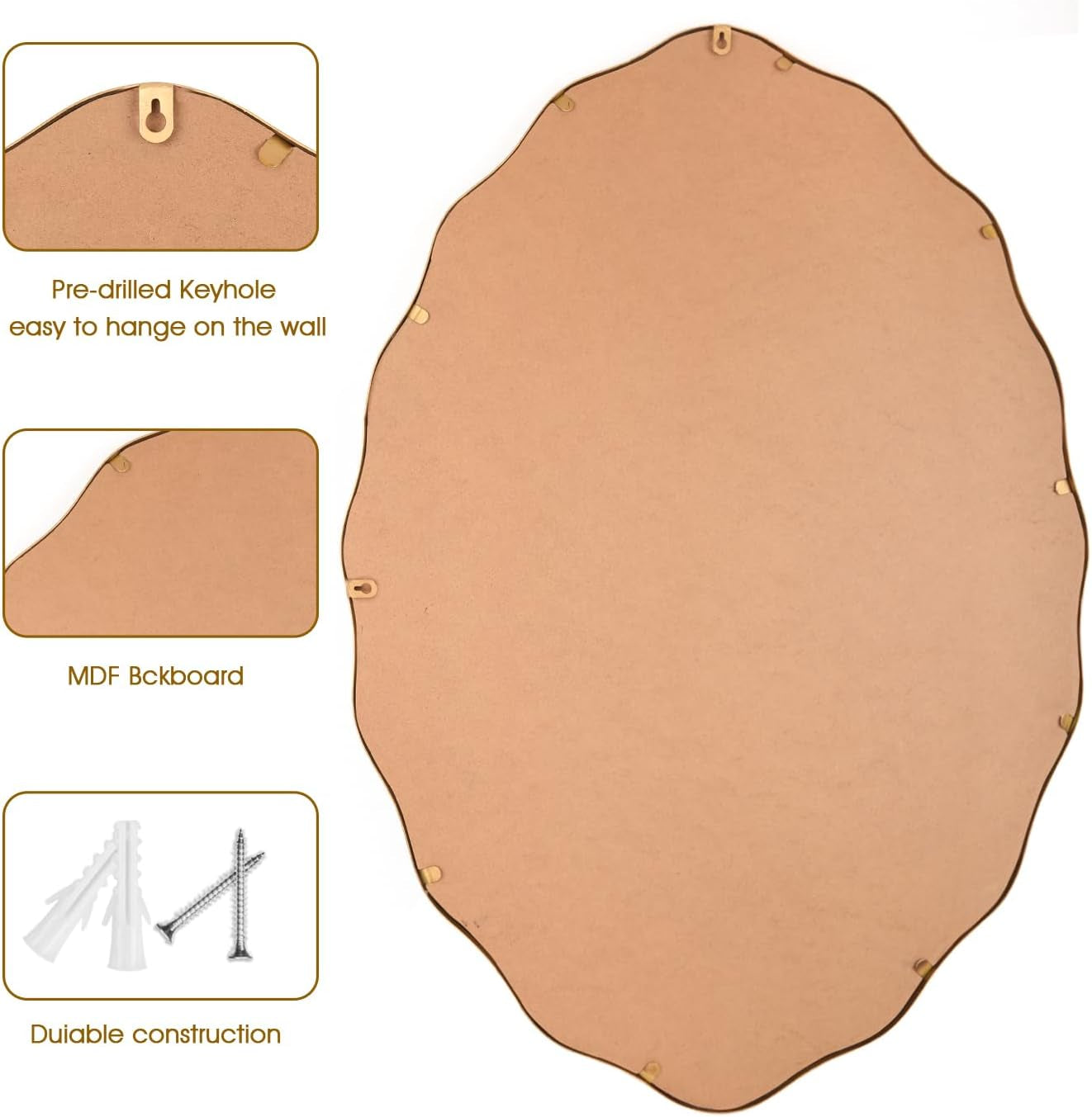 Large Modern Brushed Gold Oval Ripple Bathroom Mirror - Wall Mounted,