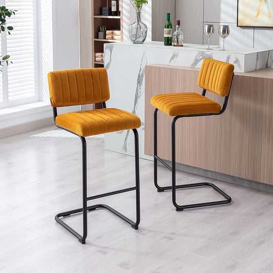 Velvet Upholstered Bar Height Chairs Set of 2, Orange