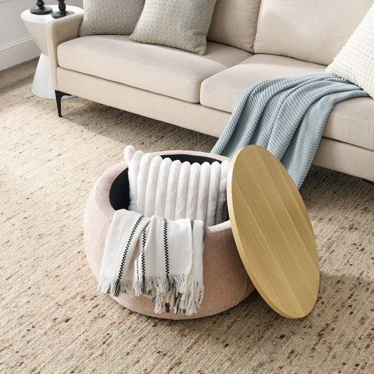 Round Storage Ottoman 2-in-1 Multi-Function Works as End Table and Ottoman