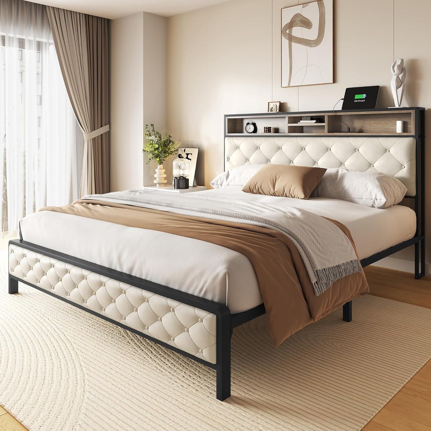 Queen Size Bed Frame, Platform Bed Frame with Charging Station, Upholstered Storage Headboard & Footboard Metal Slats Supports Mattress Foundation, No Box Spring Needed, Beige(No Drawers)
