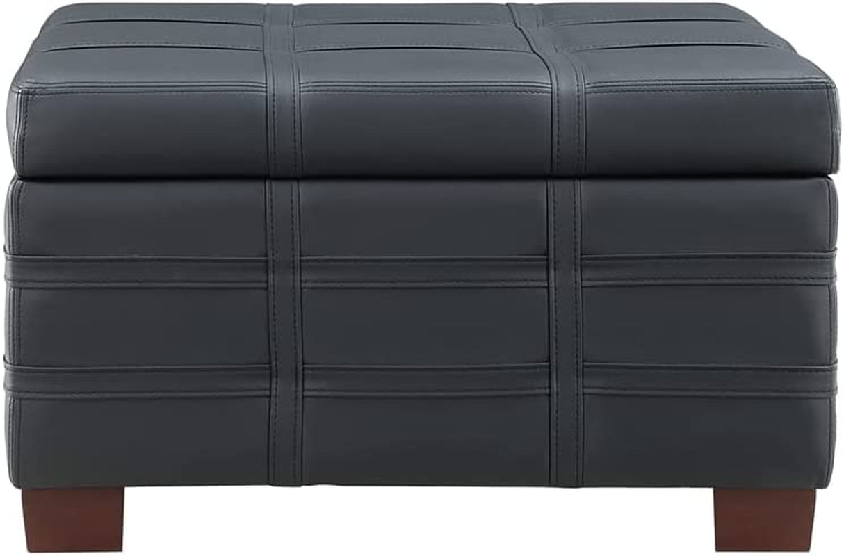 Black Faux Leather Storage Ottoman with Tray
