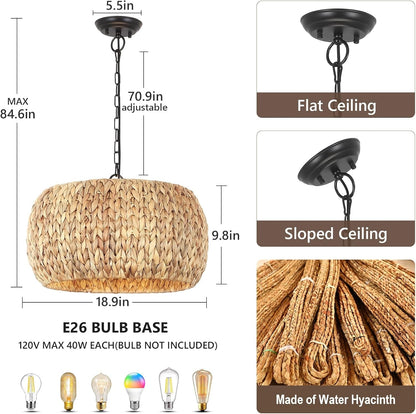 Farmhouse Rattan Boho Chandelier Rustic Pendant Lighting Fixture Ceiling Mounted