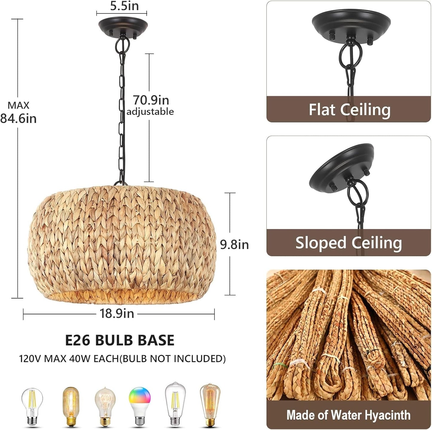 Farmhouse Rattan Boho Chandelier Rustic Pendant Lighting Fixture Ceiling Mounted