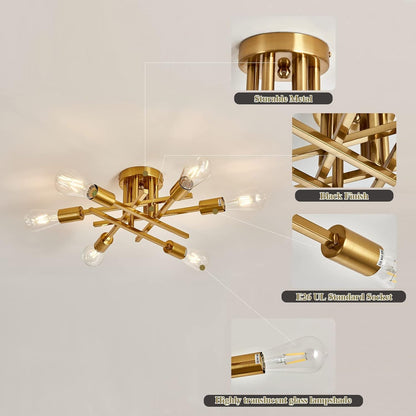 6-Lights Semi Flush Mount Ceiling Light Fixture Gold Modern Matte