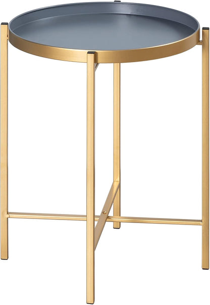 Hollyhome Small round Metal Tray End Table, (D) 14.96" X(H) 18.5", Accent Indoor&Outdoor Sofa Side Tea Table/Nightstand, Weather Resistant Coffee Table for Living Room, Balcony, Patio, Gold&Grey