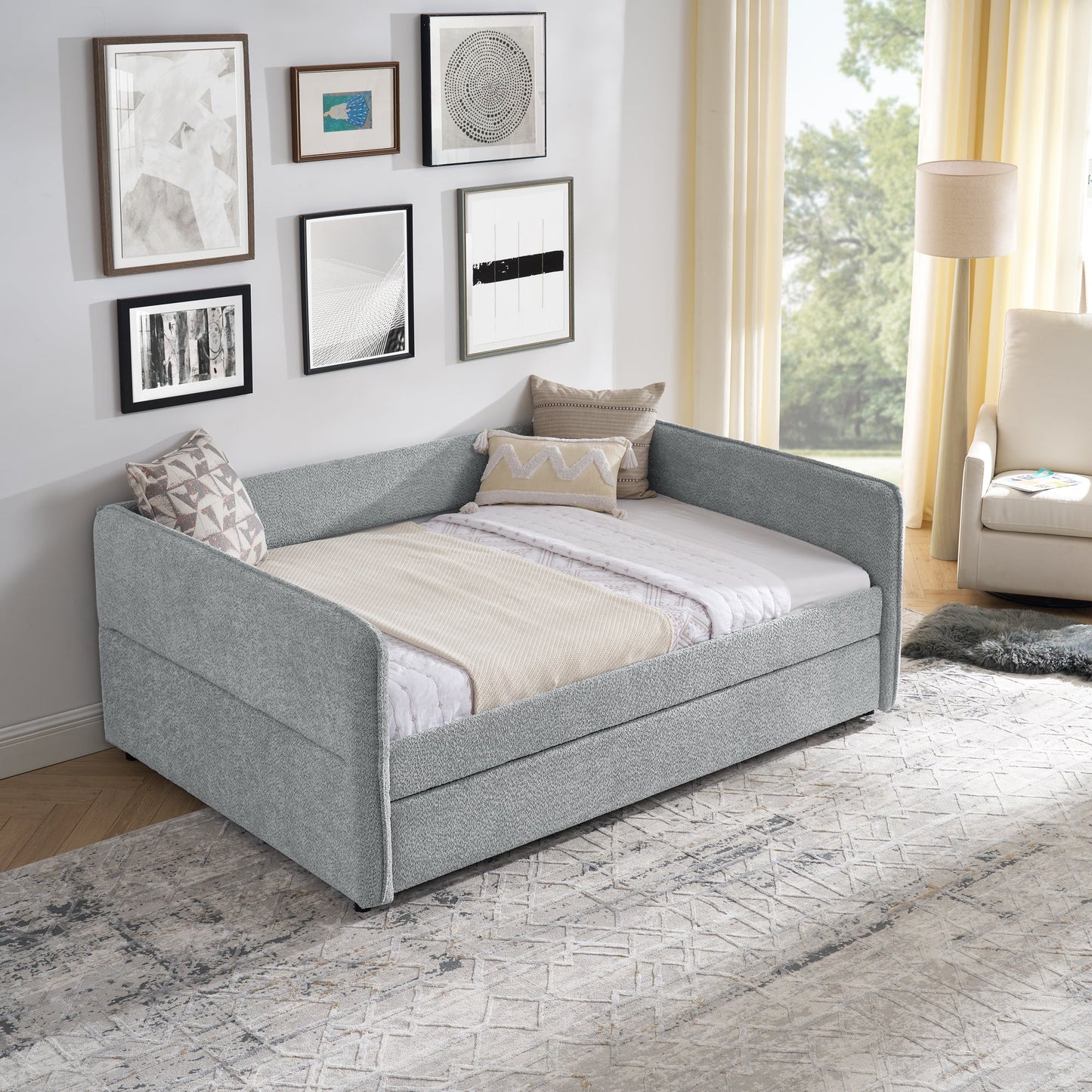 Upholstered Tufted Daybed Sofa Bed with Trundle and Convertible Design
