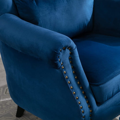 Blue Velvet Wingback Chair and Ottoman Set