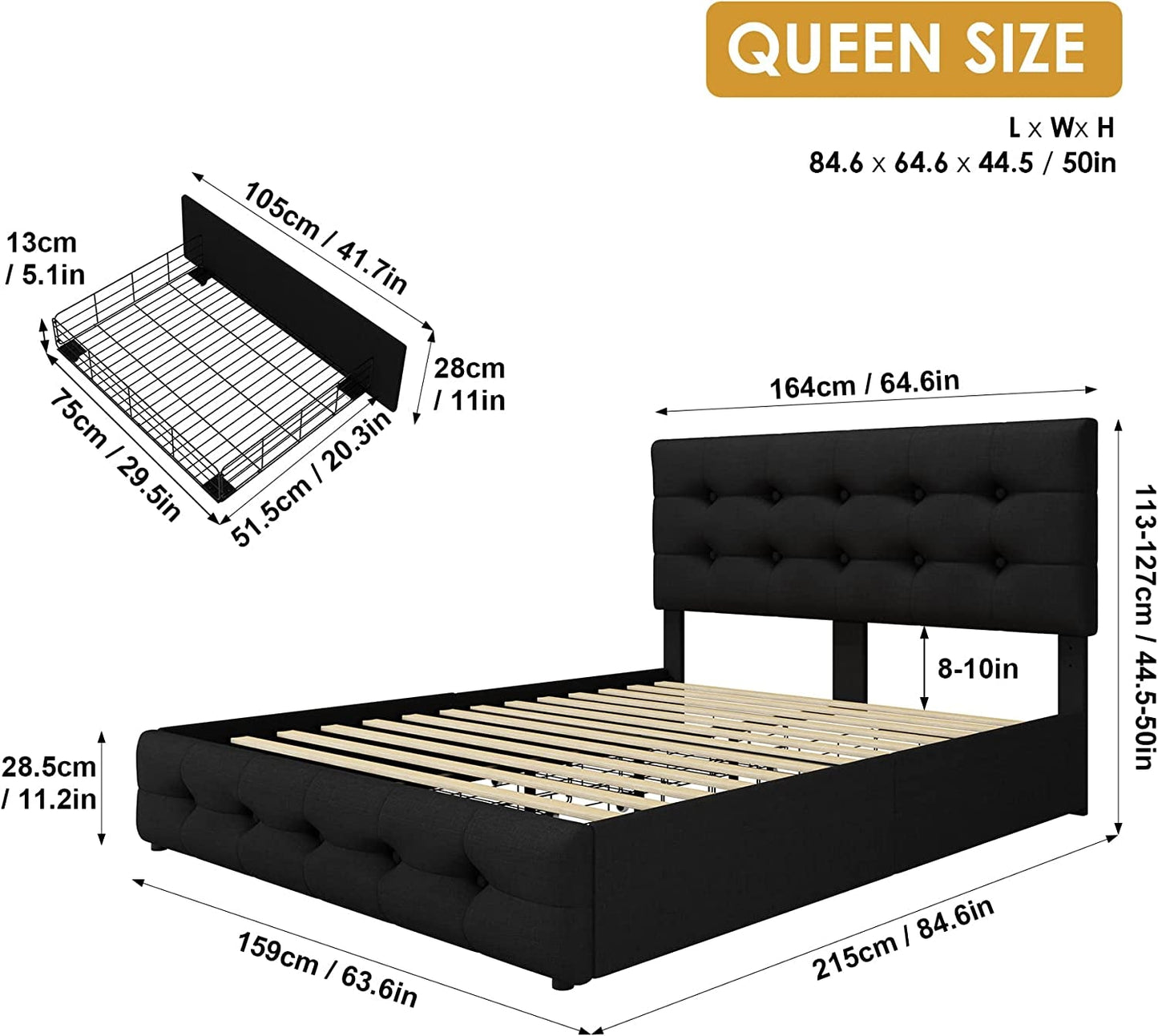 Queen Bed Frame with 4 Storage Drawers, Adjustable Headboard, Wooden
