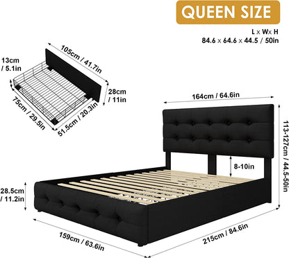Queen Bed Frame with 4 Storage Drawers, Adjustable Headboard, Wooden