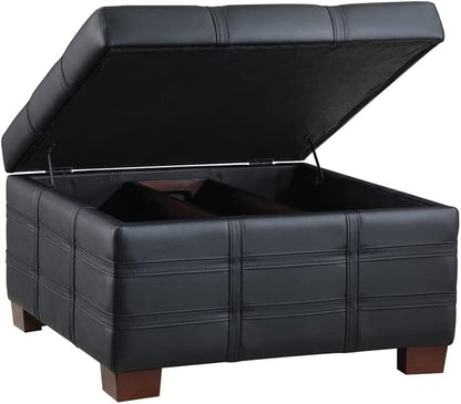 Black Faux Leather Storage Ottoman with Tray