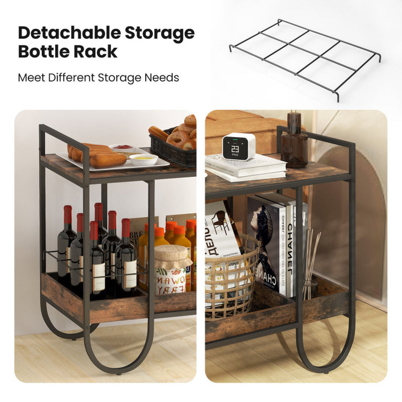 Rolling Buffet Serving Cart with Removable Metal Wire Wine Rack