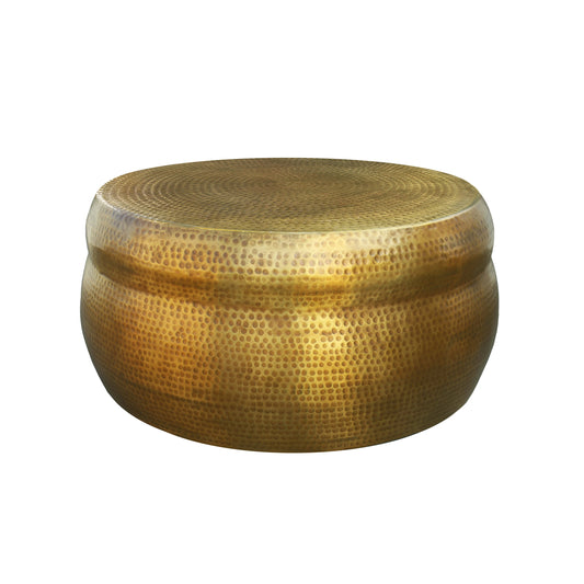 32 Inch Artisanal Round Drum Coffee Table, Hammered Embossed