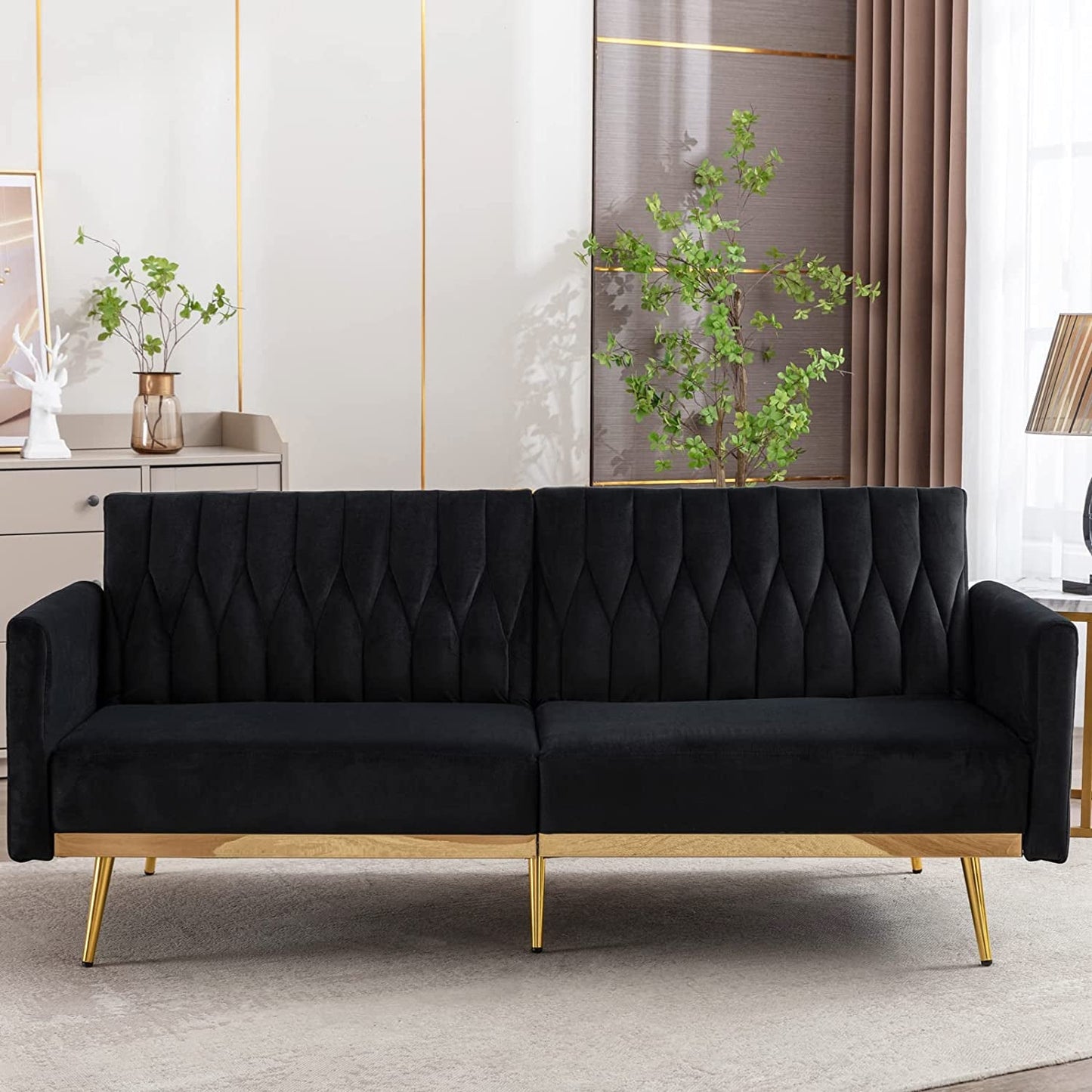 Black Velvet Convertible Sofa Bed with Metal Legs