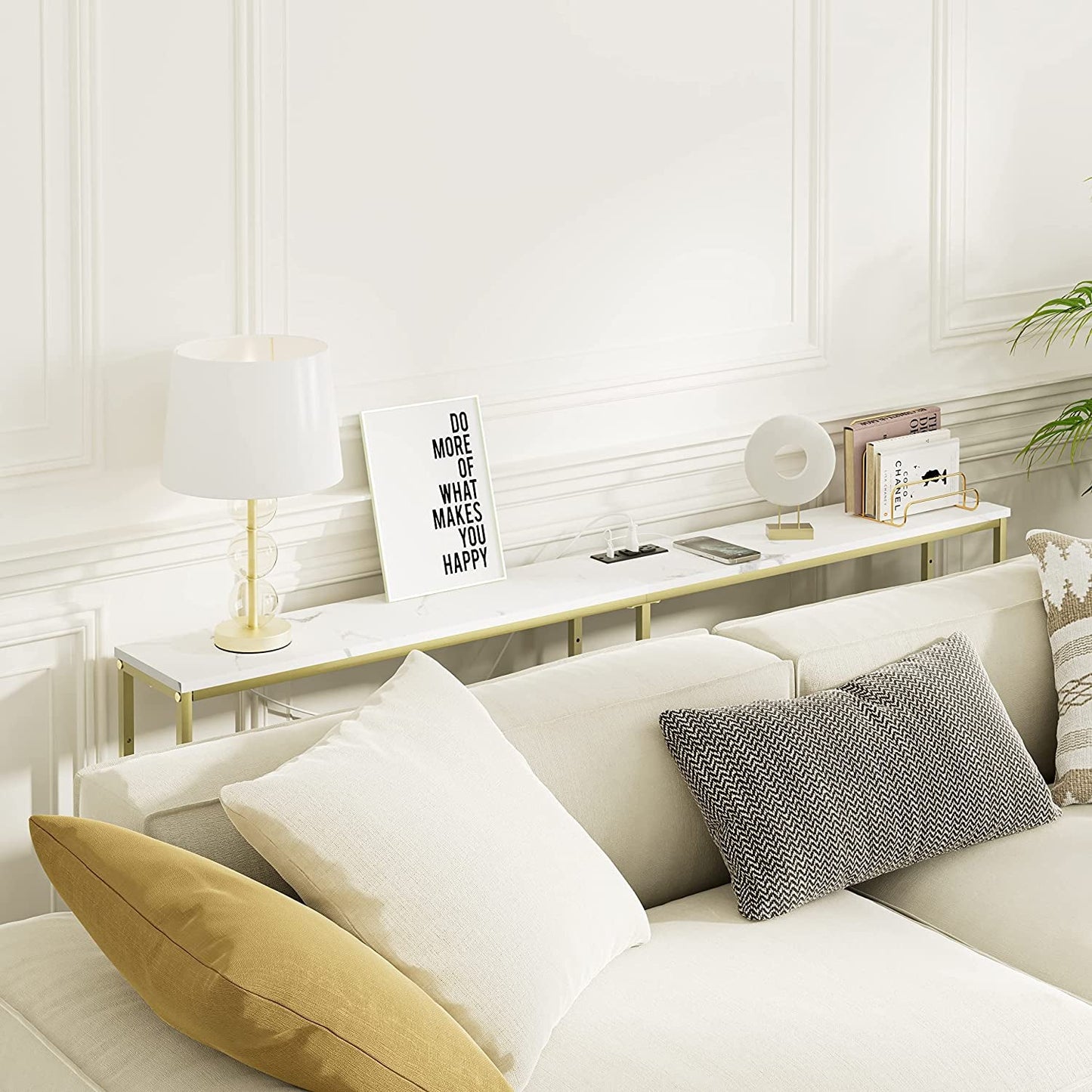 Modern Console Table with Power Outlet and Gold Frame