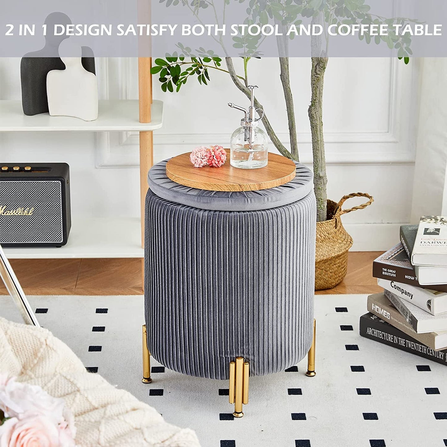 Grey Velvet Ottoman with 23Qt Storage and Support