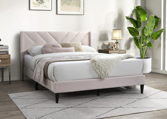Elegant Modern Light Pink Velvet Upholstered Queen Size Bed Clean Lines Design Headboard 1pc Bedframe