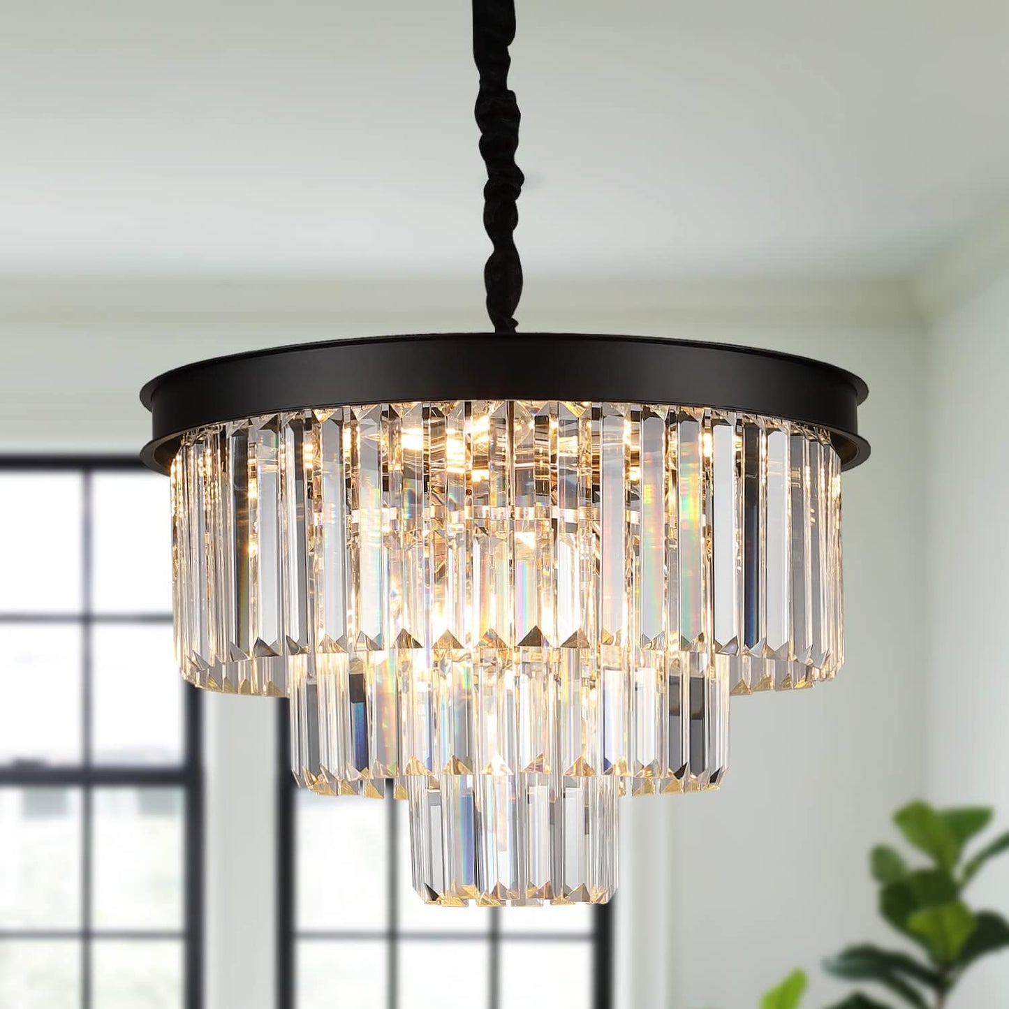 Black Crystal Chandeliers Modern round Chandeliers 20" Dimmable 9 Lights Ceiling Pendant Light Fixtures 3 Tiers Luxury Raindrop for Living Room Dining Room Bedroom Foyer