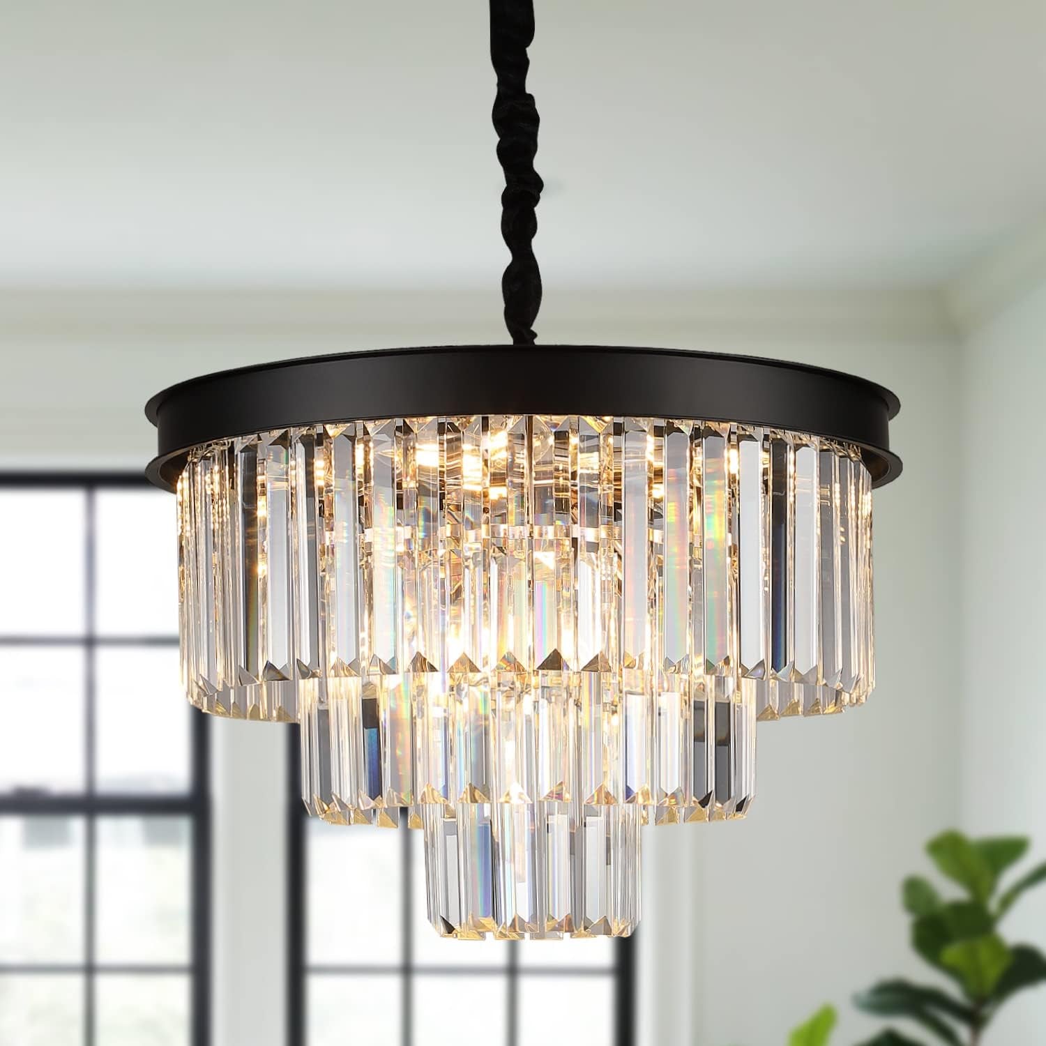 Black Crystal Chandeliers Modern round Chandeliers 20" Dimmable 9 Lights Ceiling Pendant Light Fixtures 3 Tiers Luxury Raindrop for Living Room Dining Room Bedroom Foyer