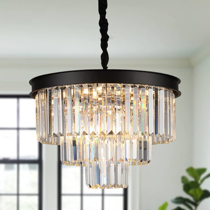Black Crystal Chandeliers Modern round Chandeliers 20" Dimmable 9 Lights Ceiling Pendant Light Fixtures 3 Tiers Luxury Raindrop for Living Room Dining Room Bedroom Foyer
