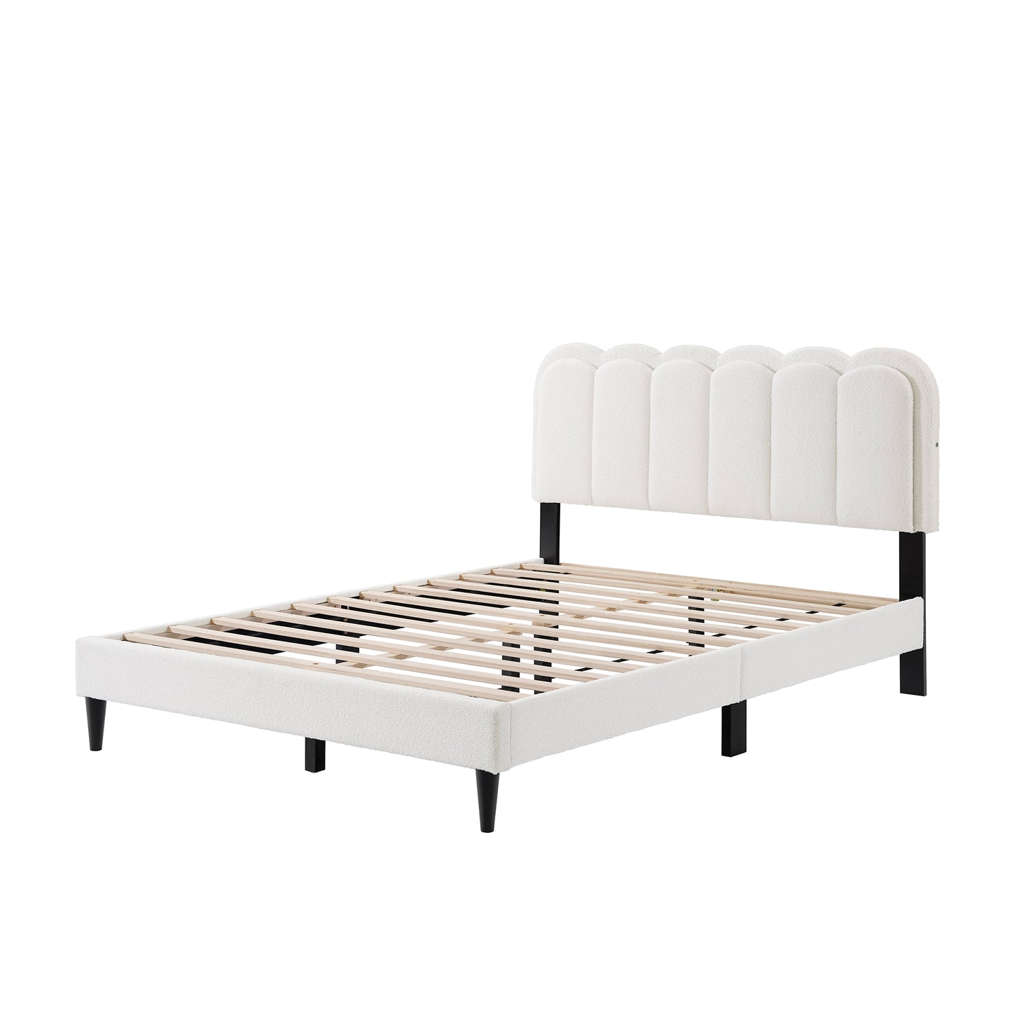 Lambswool Cream Petal Headboard Bed Frame with Ambient Light, Queen Size, White Finish, MDF+LVL and Rubber Wood Construction
