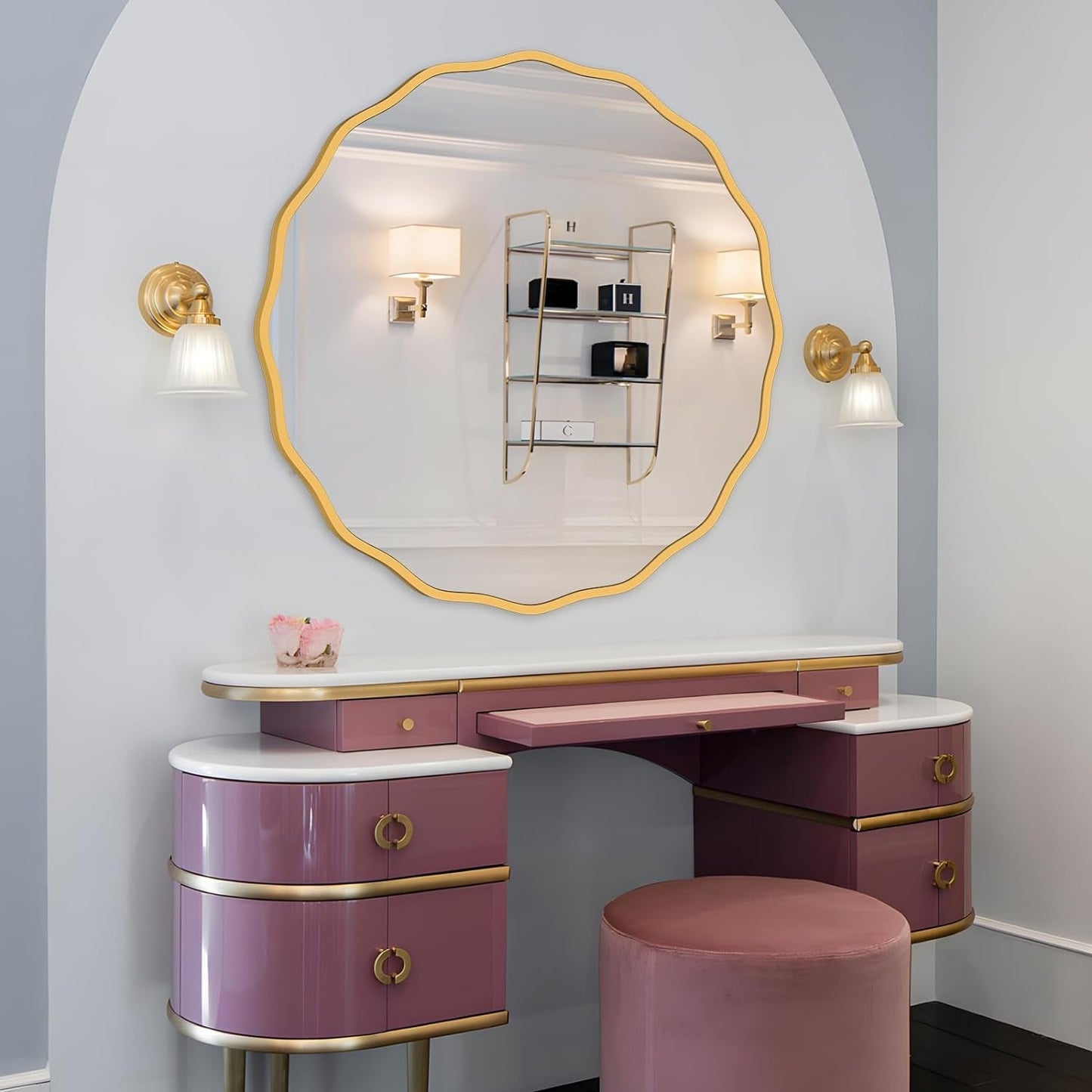 Gold round Mirror for Wall Decorative 24 Inch Modern Wavy Mirror Whit