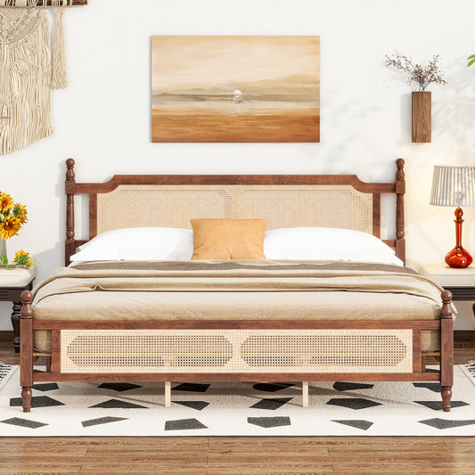 King Pine wooden Bed with Rattan Headboard  and Footboard, with  Central Enhanced Bed Platform,Walnut