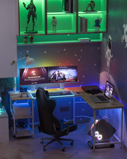 Teraves Reversible L Shaped Desk with Large Surface, 69 Inch Sturdy Corner Desk with Storage Shelves, Premium Office Computer Desk Workstation for Home Office Gaming