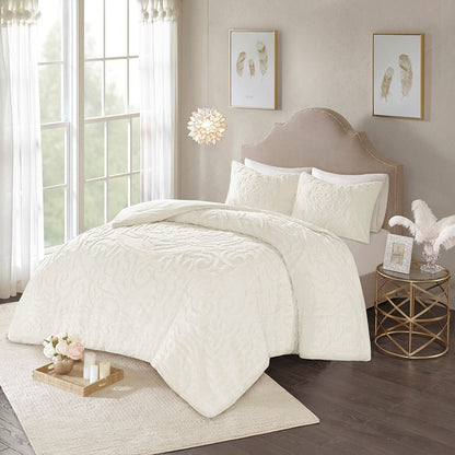 Full/Queen 3-Piece Tufted Cotton Chenille Medallion Duvet Cover Set