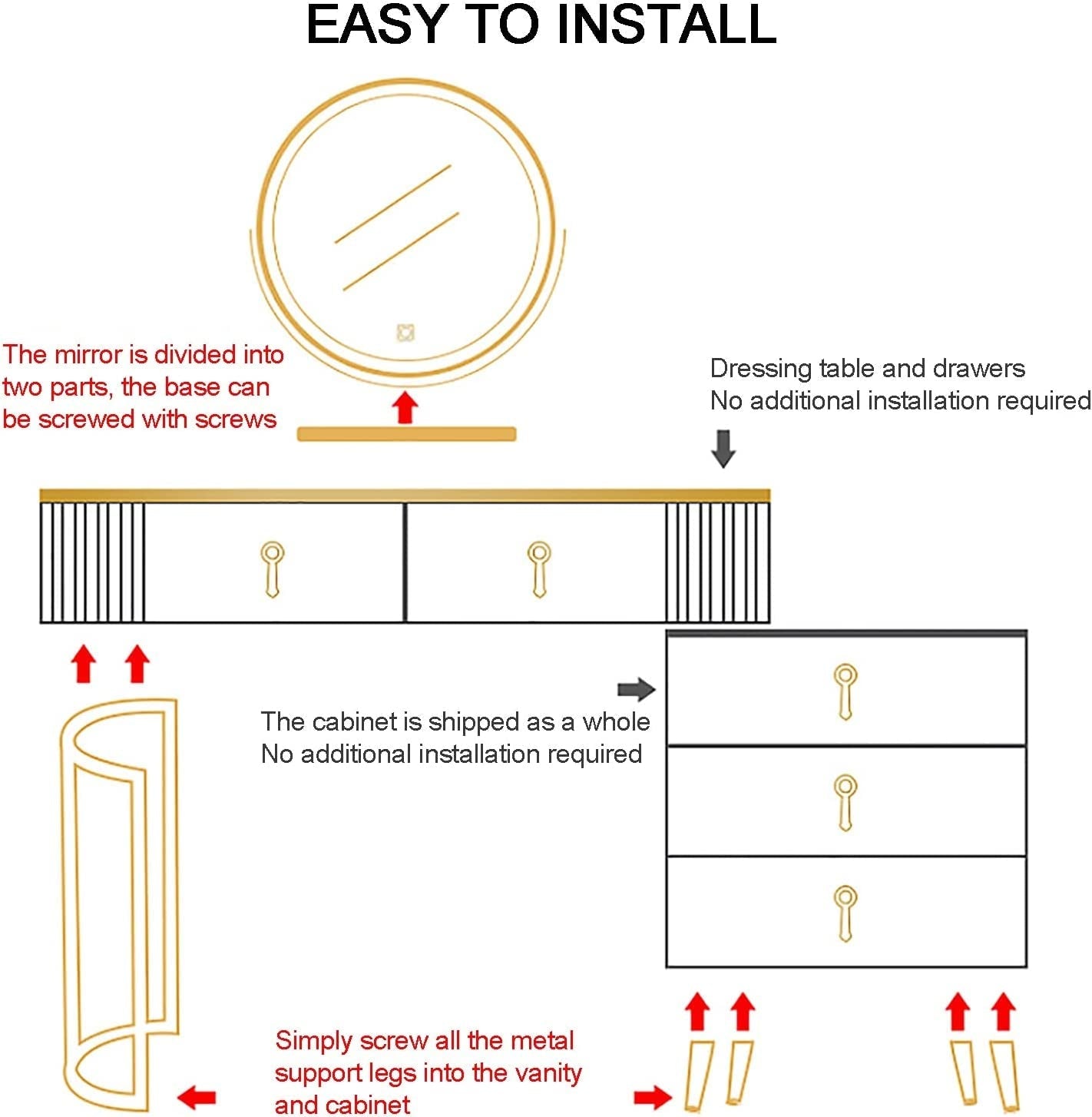 Black Vanity Desk with LED Lighted Mirror & Bedside Table