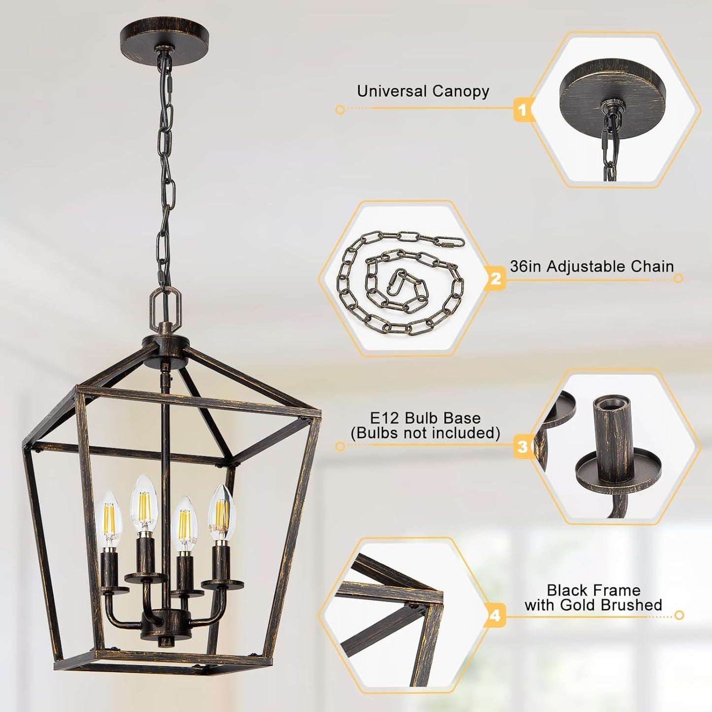 4 Light Chandelier Lighting, Industrial Ceiling Light Black Lantern